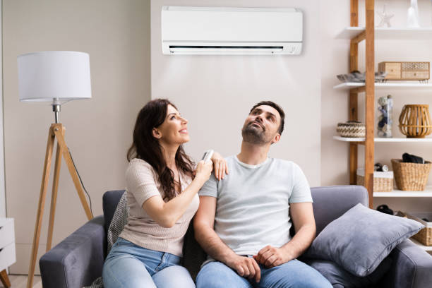 istock Happy Woman Holding Air Conditioner Remote 1255007691
