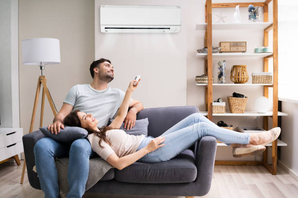 istock Happy Woman Holding Air Conditioner Remote 1255007696