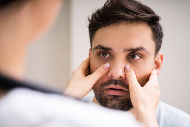 physician doctor doing sinusitis examination - communicable disease imagens e fotografias de stock