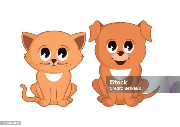 Very Cute Brown Little Kitten And Puppy Icon Set Vector Stock Illustration  - Download Image Now - iStock