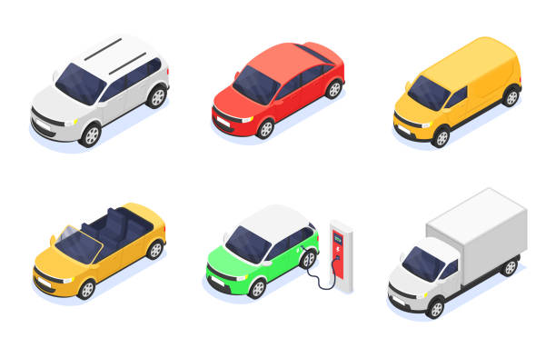 Set of isolated cars on a white background. Set of isolated cars on a white background. Vector isometric illustration. land vehicle stock illustrations