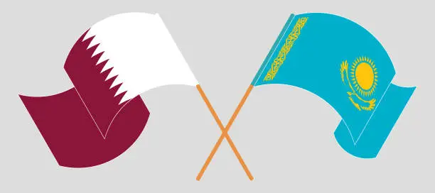 Vector illustration of Crossed and waving flags of Kazakhstan and Qatar