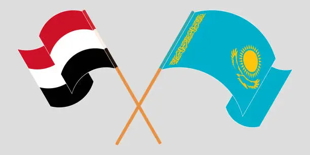 Vector illustration of Crossed and waving flags of Kazakhstan and Yemen