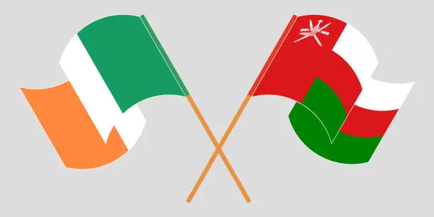 Vector illustration of Crossed and waving flags of Oman and Ireland