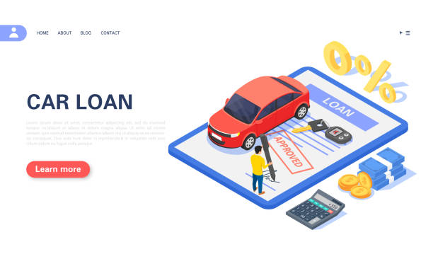 ilustraciones, imágenes clip art, dibujos animados e iconos de stock de bandera conceptual de préstamo de coche o alquiler de vehículos. un hombre firma un contrato aprobado. - car loan