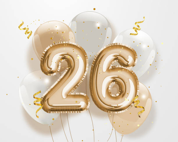 Happy 26th birthday gold foil balloon greeting background. Happy 26th birthday gold foil balloon greeting background. 26 years anniversary logo template- 26h celebrating with confetti. Vector stock. number 26 stock illustrations