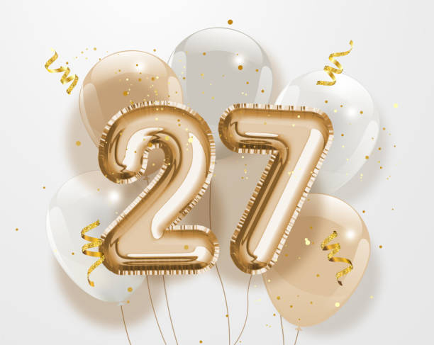 Happy 27th birthday gold foil balloon greeting background. Happy 27th birthday gold foil balloon greeting background. 27 years anniversary logo template- 27th celebrating with confetti. Vector stock. number 27 stock illustrations