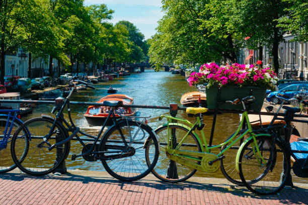 istock Amsterdam canal with boats and bicycles on a bridge 1255015084