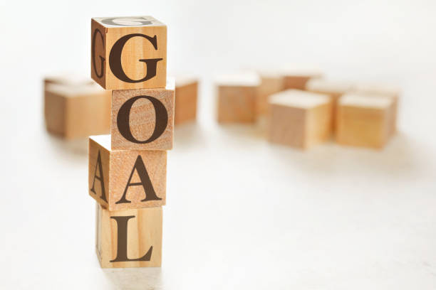 istock Four wooden cubes arranged in stack with word GOAL on them, space for text / image at down right corner 1255015279