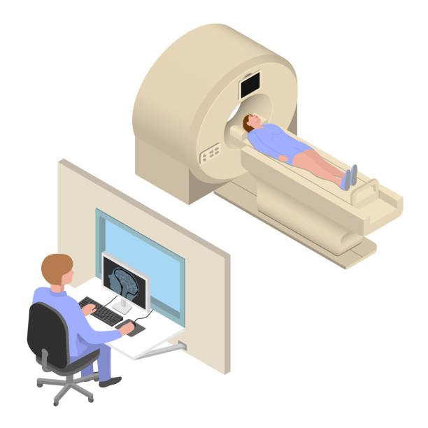 diagnostyka mri izometryczna ilustracja wektorowa - brain surgery mri scanner cat scan oncology stock illustrations