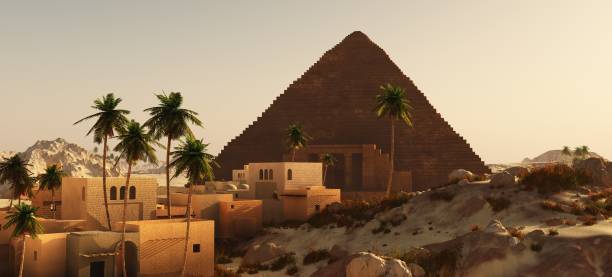 istock Arabic small town on desert near large pyramid 1255019979