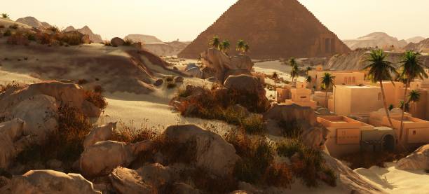 istock Arabic small town on desert near large pyramid 1255020065
