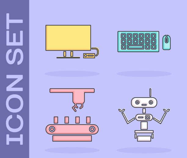 ilustrações de stock, clip art, desenhos animados e ícones de set robot, smart tv, factory conveyor system belt and keyboard and mouse icon. vector - conveyor system audio