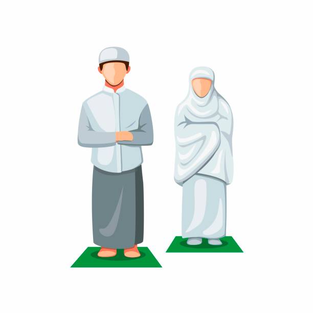 Muslim people praying in front view. couple people pray aka shalat wearing sarong and hijab in islam religion in cartoon illustration vector isolated on white background Muslim people praying in front view. couple people pray aka shalat wearing sarong and hijab in islam religion in cartoon illustration vector isolated on white background allah the god islam cartoons stock illustrations