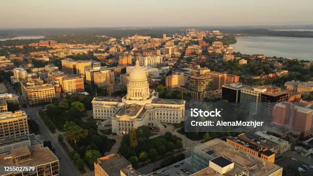 Aerial View Of City Of Madison The Capital City Of Wisconsin From Above Drone Flying Over Wisconsin State Capitol In Downtown Sunny Morning Sunrise Sunlight Summertime Stock Photo - Download Image Now