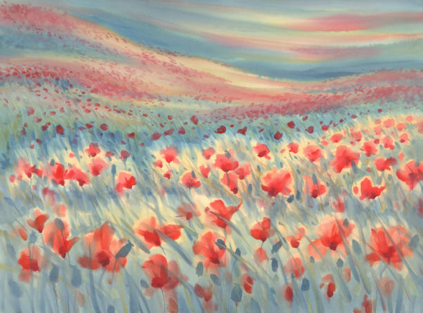 istock Red poppy field with a rye watercolor background 1255030618