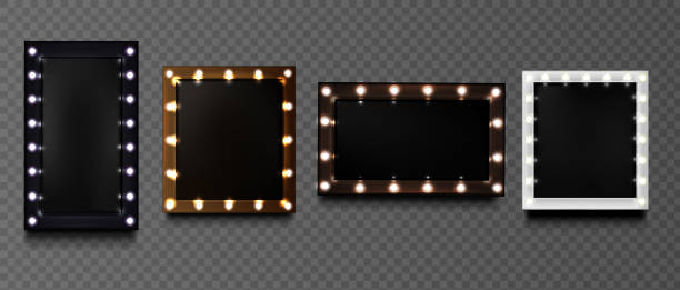 Square shapes frames with light bulbs Square frames with light bulbs on black board isolated on transparent background. Vector realistic mockup of rectangular makeup mirror with golden, silver, black and brown borders mirror object borders stock illustrations