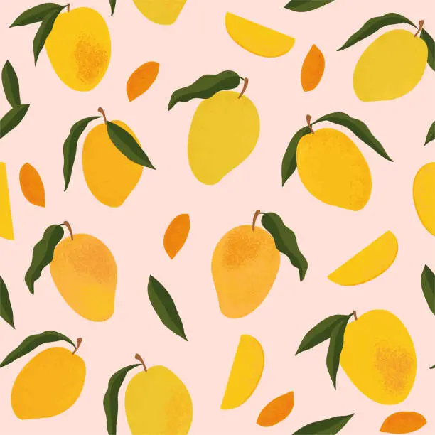 Vector illustration of Seamless pattern with fresh bright exotic whole and sliced mango isolated on white background. Summer fruits for healthy lifestyle. Organic fruit. Cartoon style. Vector illustration for any design.