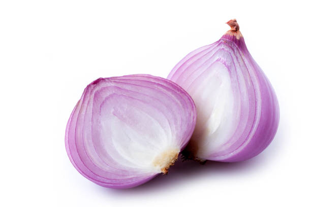 istock Red sliced onion isolated on white background 1255036925