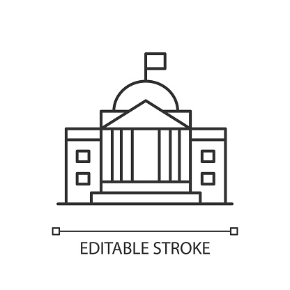 State institution pixel perfect linear icon. Supreme court building entrance. National museum. Thin line customizable illustration. Contour symbol. Vector isolated outline drawing. Editable stroke