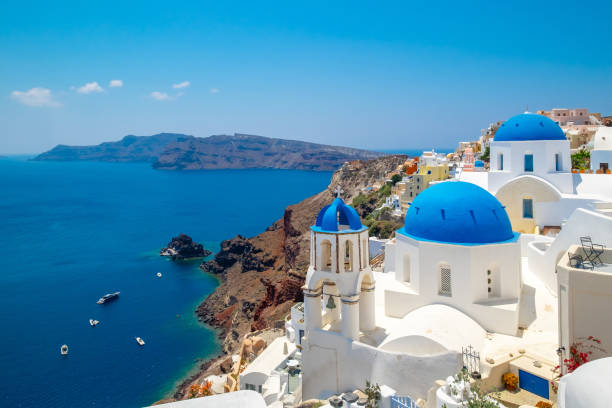 famous view over the village of Oia , Greece, Europe, Traveling concept Greece, Santorini, Oia - Santorini, Europe, Firá fira santorini stock pictures, royalty-free photos & images