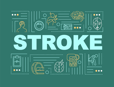 Stroke word concepts banner. Cardiovascular disease. Heart attack. High blood pressure. Infographics with linear icons on green background. Isolated typography. Vector outline RGB color illustration