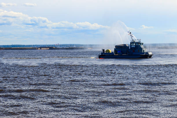istock Extinguishing a burning ship during naval exercises 1255038650