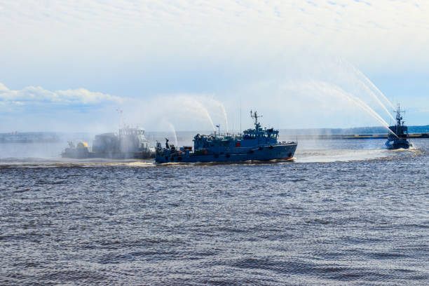 istock Extinguishing a burning ship during naval exercises 1255038651