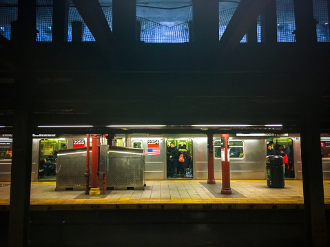New York, USA - 03 27 2018: New York city subway train interior