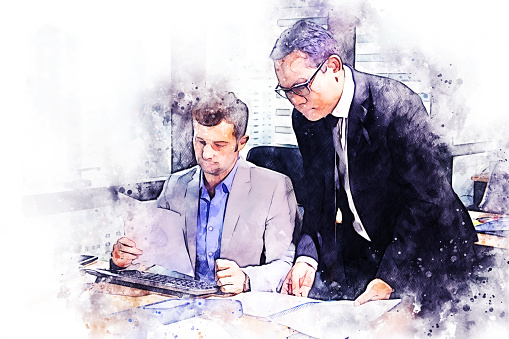 Abstract business persons talking and working at desk on watercolor illustration painting background.