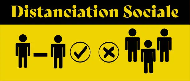 Vector illustration of Distanciation Sociale in French: Comparison black on bright yellow warning color icon vector with arrow & words separating people for public health and safety during Coronavirus (COVID-19).