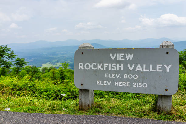 segno di vista per la valle del rockfish e l'elevazione alle montagne appalachian del parco blue ridge in estate con nessuno e il fogliame lussureggiante panoramico - blue ridge mountains appalachian mountains appalachian trail skyline drive foto e immagini stock