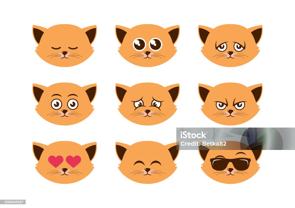 Cute Domestic Cat Facial Expressions Icon Set Vector Stock