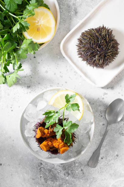 sea urchin in a wooden bowl with ice on a brown wooden table. the dish is the sea urchin. healthy seafood. the view from the top - green sea urchin fotos imagens e fotografias de stock