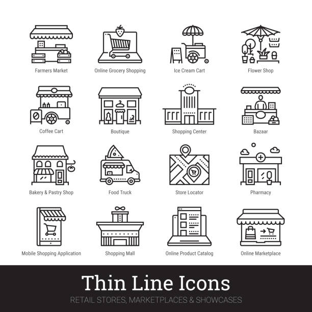 Retail Store, Marketplace, Showcase Thin Line Icons Set Isolated On White Background. Illustrations Clip Art. Editable strokes. Retail stores, marketplaces, online showcases, shop buildings thin line icons for web, mobile app. Editable stroke. Shop vector set include icons of local market, bakery, bazaar, boutique, shopping mall etc. bazaar market stock illustrations