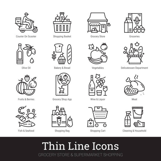 Grocery Store, Supermarket Department Thin Line Icons Set Isolated On White Background. Illustrations Clip Art. Editable strokes. Grocery store, supermarket departments, online shopping, delivery thin line icons for web, mobile app. Editable stroke. Shop vector set include icons: groceries, shop basket, courier, meat, deli, vegs etc. buying liquor stock illustrations