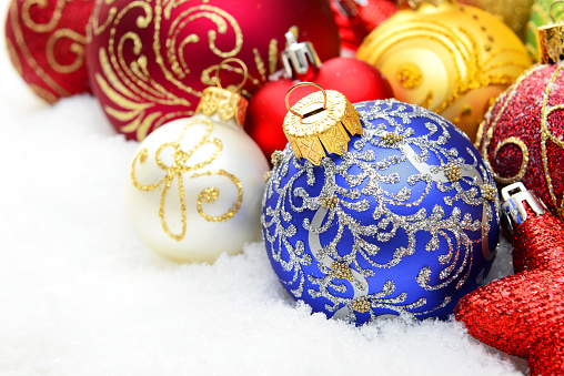 christmas trees and christmas decorations on white background