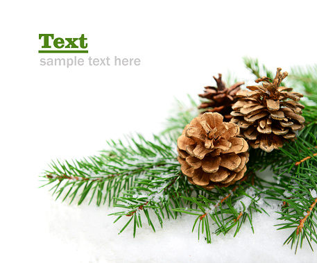 Fir tree branch with vintage decoration creative arrangement. Christmas baubles and stars isolated on white background. Flat lay, top view. Design element