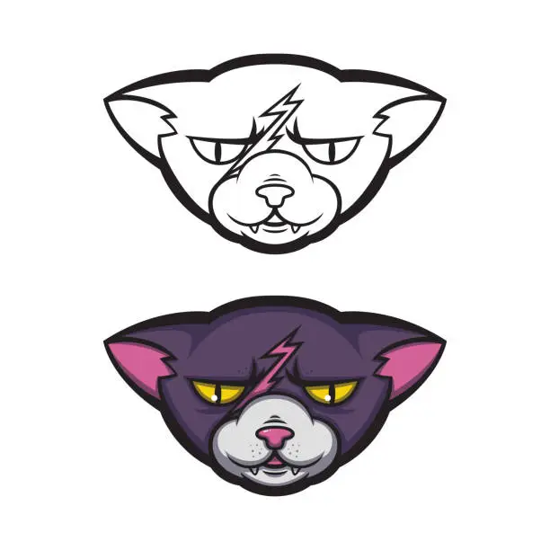 Vector illustration of Angry cat with a scar on his forehead. Grumpy pussycat. Vector illustration for logo, t-shirt print design.