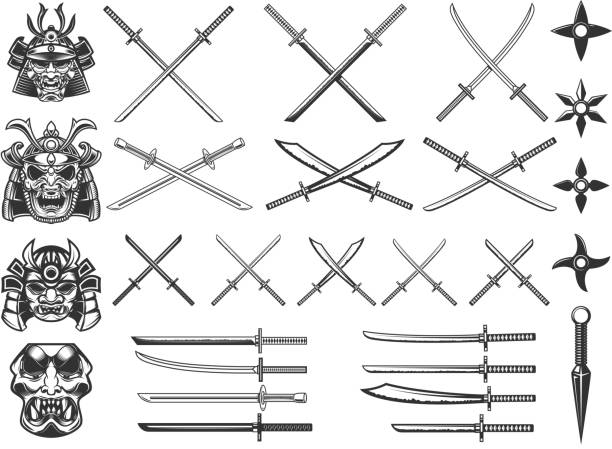 사무라이와 닌자의 무기의 일러스트 세트. 라벨, 사인, 포스터, 티셔츠용 디자인 요소. 벡터 일러스트레이션 - scimitar stock illustrations