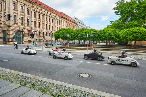 Berlin, Germany - June 14, 2020: View to tiny hot rods in downtown Berlin near the historic square Gendarmenmarkt.