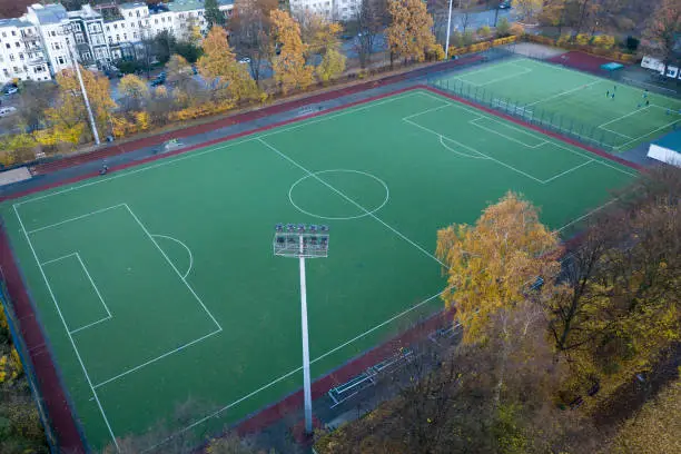 aerial view of football field with artificial turf