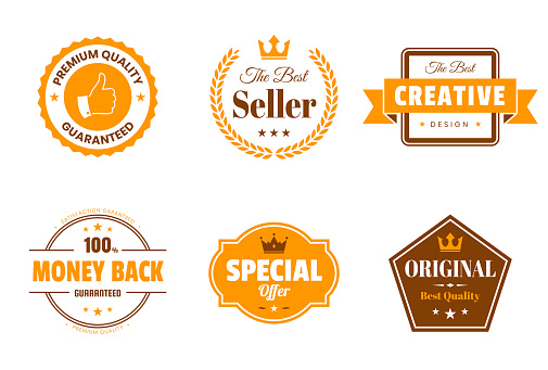 Set of 6 Orange badges and labels, isolated on white background (Premium Quality - Guaranteed, The Best Seller, Creative - The Best Design, Money Back - 100% Guaranteed, Special Offer, Original - Best Quality). Elements for your design, with space for your text. Vector Illustration (EPS10, well layered and grouped). Easy to edit, manipulate, resize or colorize.
