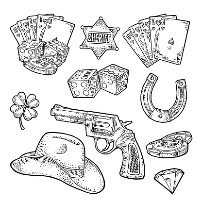 Set with Wild West and lucky symbols. Sheriff star, revolver, royal straight flush playing cards, casino chips, dice, horseshoe, clover, diamond, cowboy hat. Vector vintage black engraving isolated