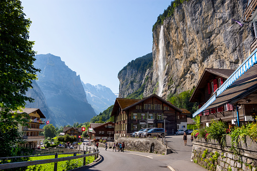 View of Lauterbrunnen village with Staubbach Falls, Interlaken-Oberhasli, Bern, Switzerland