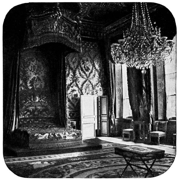 Queen's Bedroom at Château de Fontainebleau in Fontainebleau, France - 19th Century Queen’s bedroom at Château de Fontainebleau in Fontainebleau, France. Vintage half tone etching circa mid 19th century. chateau de fontainbleau stock illustrations