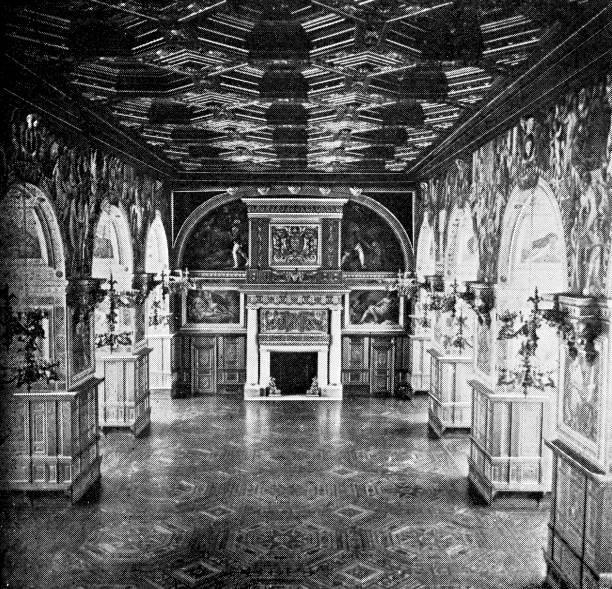 The Ballroom at Château de Fontainebleau in Fontainebleau, France - 19th Century The Ballroom at Château de Fontainebleau in Fontainebleau, France. Vintage half tone etching circa mid 19th century. chateau de fontainbleau stock illustrations