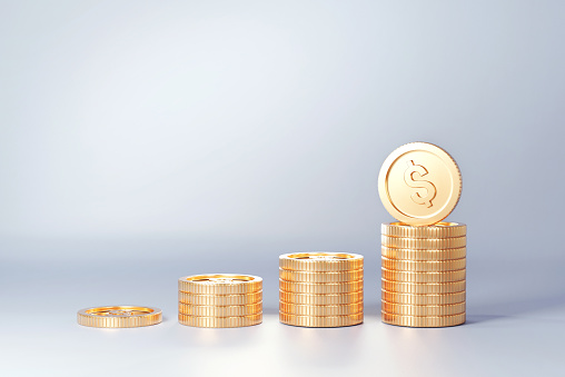 Pila de monedas doradas como gráfico de ingresos. Renderizado 3d. de la recaudación monetaria o la estrategia de obtención de beneficios o beneficios en los negocios. photo