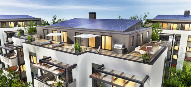 istock Residential building with solar panels 1255067164