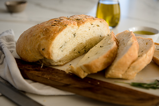 A flat lay of homemade rosemary bread